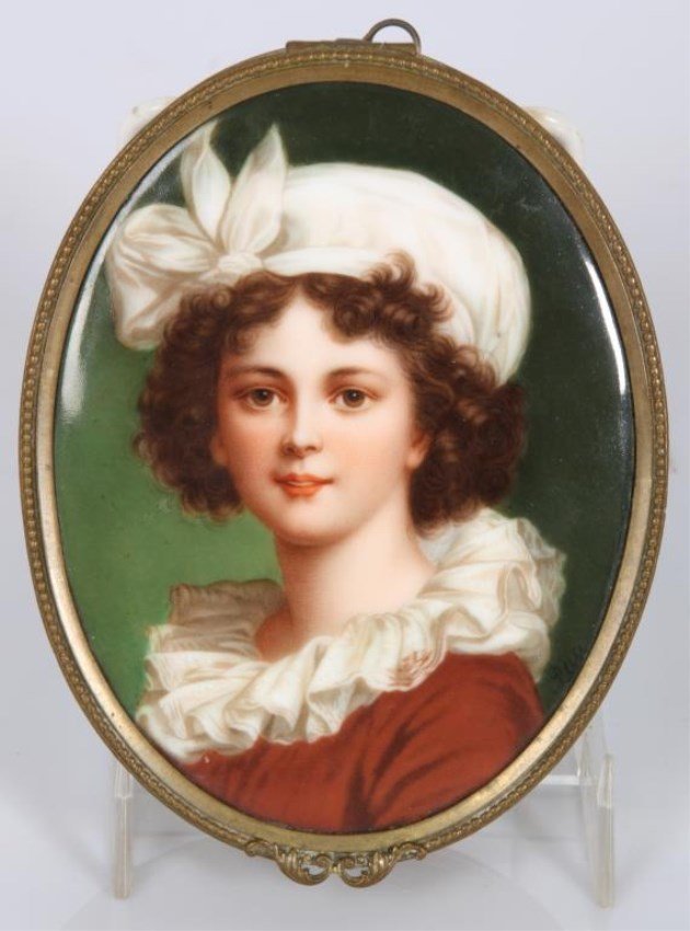 Brass Jewelry Box With Hutschenreuther Plaque: Brass Jewelry Box With Hutschenreuther Plaque. An oval brass box with filigree design on the sides, hinged lid with oval porcelain plaque, after the original self portrait of Louise Elisabeth Vigee Le