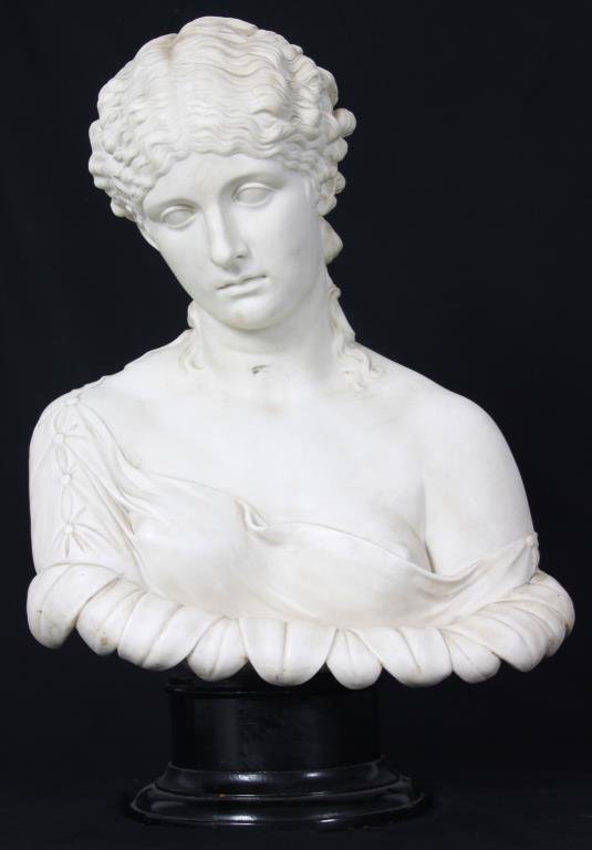 Parian Bust Of Clytie: Parian Bust Of Clytie. Figural bust of the Greek mythological character Clytie, jealous lover to the sun God Apollo. When the woman was killed due to Clytie’s jealousy, Apollo was angered and punish