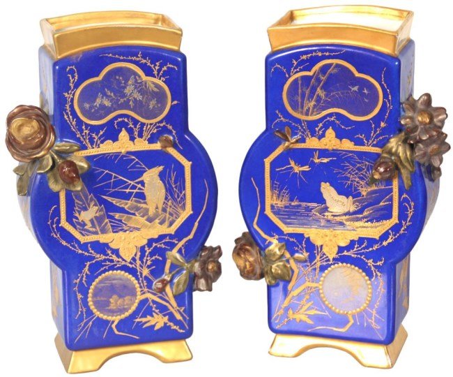 Pr. Old Paris Porcelain Vases: Pr. Old Paris Porcelain Vases. Royal blue background with gilt & enamel borders, filigree design and scenic panels with birds, frogs and insects around a pond on the front, back & sides; vases have an