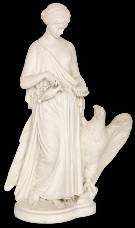 Adamo Tadolini Figural Marble Sculpture: Adamo Tadolini Figural Marble Sculpture. Standing figure of a woman, wearing long draping garments with a bare left shoulder and breast, she holds a vessel in one hand and a bowl in the other; standin
