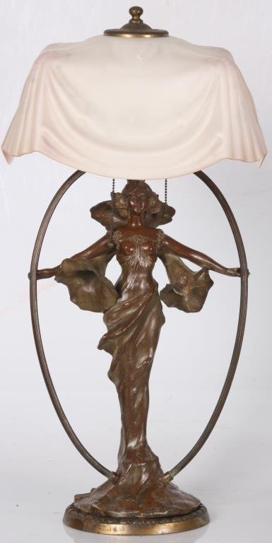 Pittsburgh Reverse Painted Table Lamp: Pittsburgh Reverse Painted & Figural Table Lamp. The molded glass shade has a frosted and textured exterior surface with a drapery design, reverse painted with a white and satin pink background highli