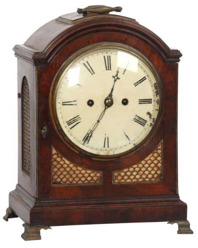 English Double Fusee Bracket Clock: English Mahogany Double Fusee Bracket Clock. 7 in. convex painted brass dial with black Roman hour numerals and pierced hands; quality brass double fusee movement has engraved decorated rear plate, sh