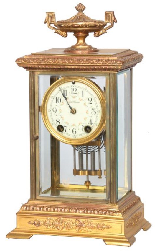 Seth Thomas Empire No. 18 Crystal Regulator: Seth Thomas Empire No. 18 Crystal Regulator W/ Urn. 4 in. porcelain dial has black hour numbers with 5 minute markers outside, floral garland decoration inside, signed Seth Thomas and has black hands 