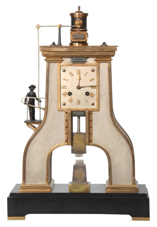 French Industrial Steam Hammer Clock: French Industrial Steam Hammer Clock. The large bronze case has gilt brass trimmings with piston cylinder on top and a lever leading over to a platform on the left side with a figure standing on the p