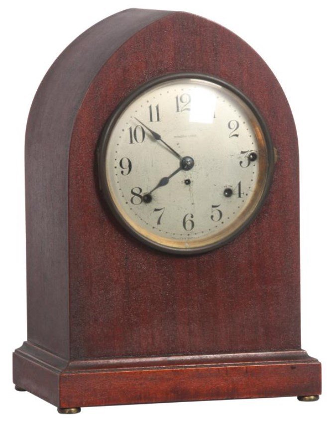 Seth Thomas Sonora Chime Beehive Clock: Seth Thomas Sonora Chime Beehive Clock. Mahogany case, silvered 6 in. dial has black Arabic numbers and black spade hands, dial is signed, 3 spring movement, has separate mechanism for Sonora 4 bell W