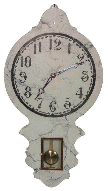 Vermont Clock Co. Faux Marble Front Regulator: Vermont Clock Co. Faux Marble Regulator. Slate clock front has a faux marble painted design with 18 in. dial having black hour numbers and minute markers, blued pierced trefoil hands with counterweigh