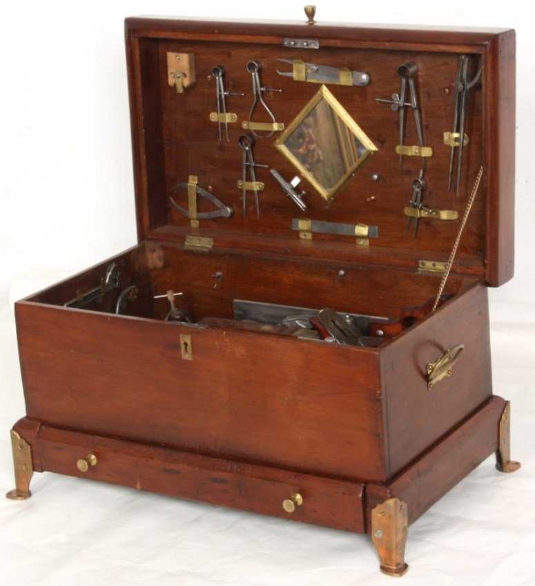 Custom Made Cherry Lift Top Tool Chest: Custom Made Cherry Lift Top Tool Chest. Beautiful lift top box with drawer in the base, brass pulls, escutcheon, handles and stands on brass feet; has multiple dividers and mounts in the interior for 