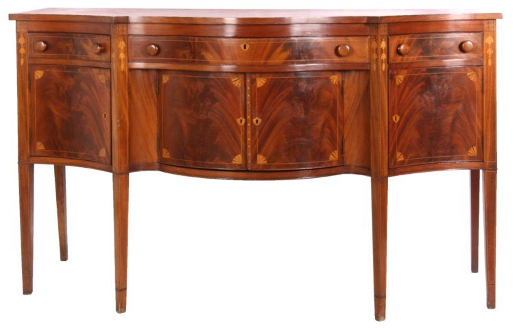 Hepplewhite Style Inlaid Mahogany Sideboard: Hepplewhite Style Inlaid Mahogany Sideboard. Serpentine front with bowed center section having a long drawer over 2 doors and side section are concave with a single drawer over a door; stands on 6 tap