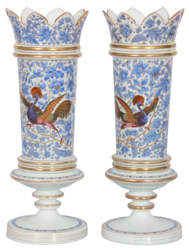 Pr. Enamel Decorated Bristol Vases: Pr. Enamel Decorated Bristol Vases. Decorated with gilt painted border and a blue enamel floral design with a colorful oriental pheasant on the front. In good overall condition, both with a single min