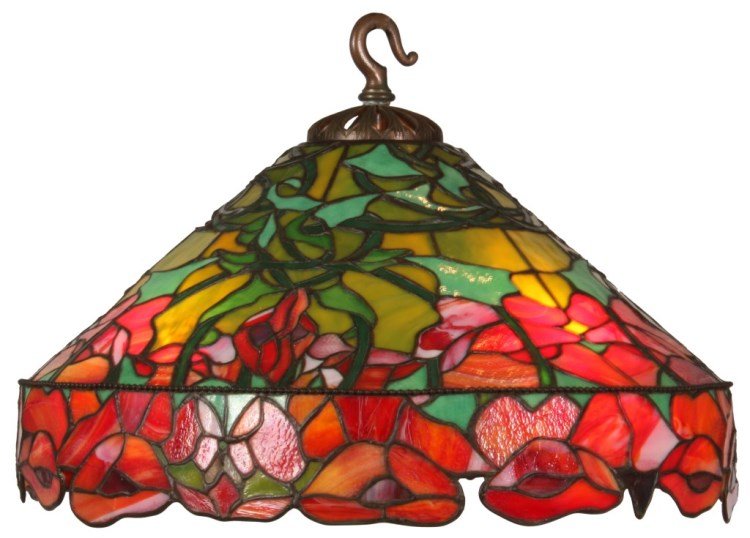 J.A. Waley Leaded Floral Hanging Lamp: J.A. Waley Leaded Floral Hanging Lamp. Orange striations with translucent ruby red flowers hang under deep green stems and opaque green leaves on an olive green background; shade has a conical form wi