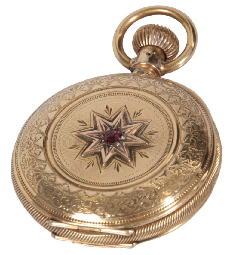 Elgin 14K Gold Pocket Watch: Elgin 14K Gold Pocket Watch. Porcelain dial has black Roman hour numerals, sub seconds dial, blued spade hands with bent minute hand and signature banner for Elgin Watch Co. Lever set, stem wind movem