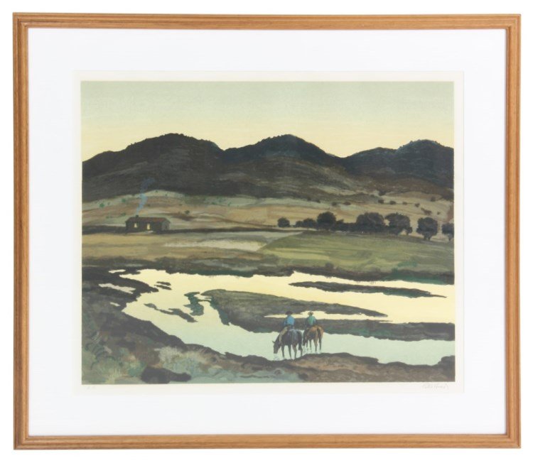 Peter Hurd Artist Proof Lithograph: Peter Hurd Artist Proof Lithograph. Southwestern landscape with cowboys on horseback crossing a body of water and a mountainous landscape in the background. Hand signed in pencil A.P. - Peter Hurd. In
