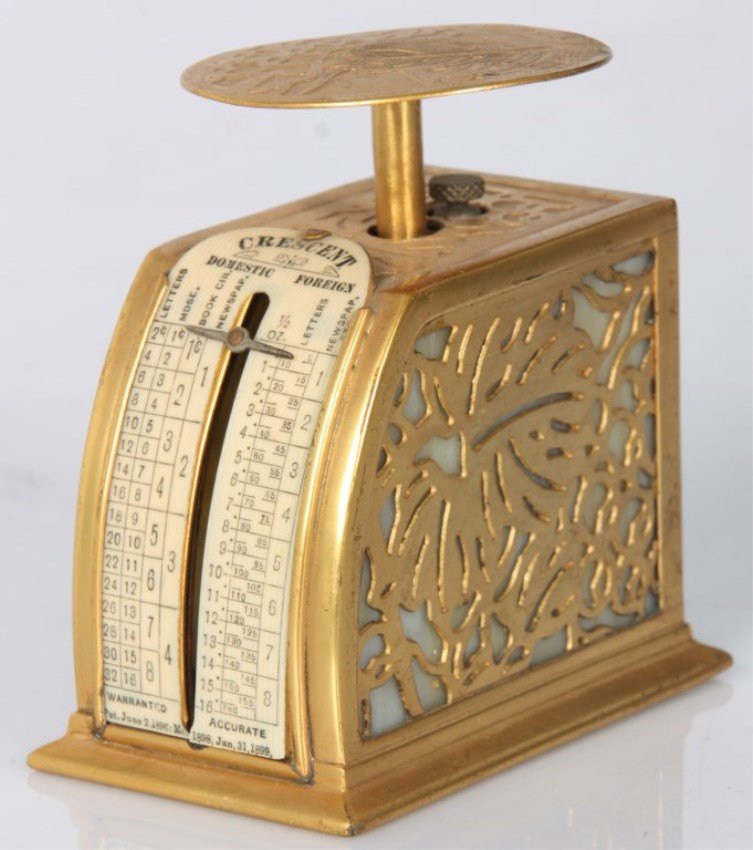 Gold Tiffany Grapevine Postal Scale: Gold Tiffany Grapevine Postal Scale. Pattern number 872 and signed TIffany Studios New York, has a gilt finish with original indicator label on the arched front and pierced grapevine pattern on the si