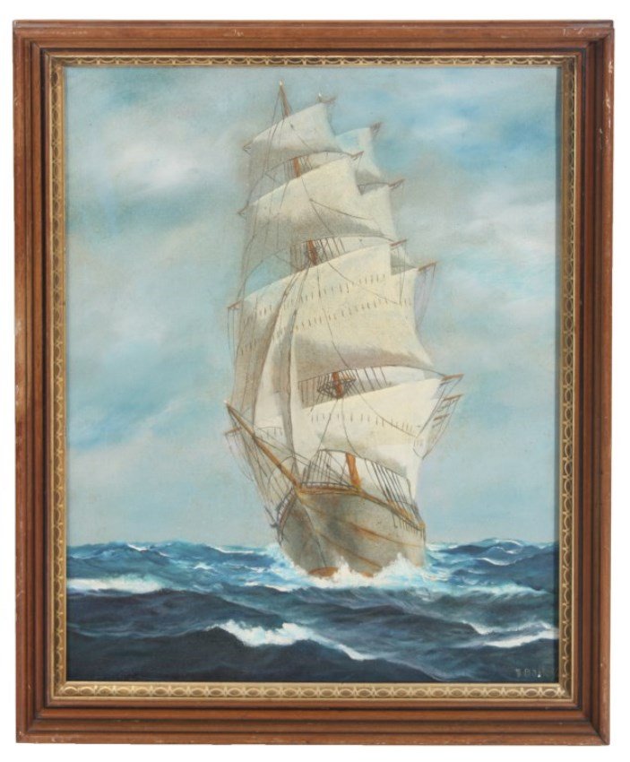 T. Bailey O/C Sailing Ship: Signed T. Bailey (19th/20th Century, Massachusetts) Oil on Canvas Sailing Ship. Large portrait of an oncoming ship sailing on wavy seas; signed lower right T. Bailey. In good condition with no rips, t
