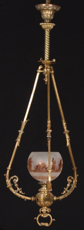 Brass Singled Light Hall Chandelier: Brass Singled Light Hall Chandelier. Filigree and spiral turned designs at the top, 3 branching harp style arms with filigree highlights and an open loop teardrop finial. Single socket fixture with a 