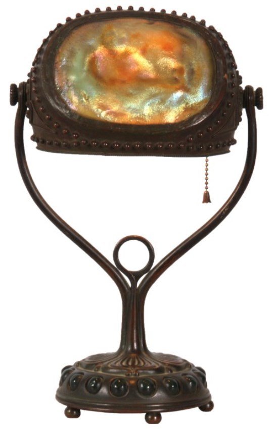 Tiffany Studios Turtleback Desk Lamp: Tiffany Studios Turtleback Desk Lamp. Fine bronze base with a leafy platform and art glass jewels around the edge. Two arms branch up and hold the bronze shade with beaded and rope twist borders, 2 la