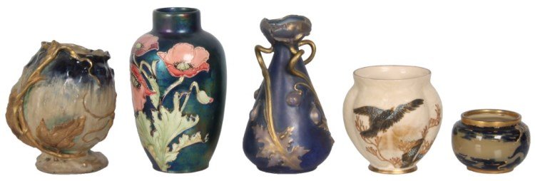 5 Pcs. Austrian Art Pottery: 5 Pcs. Austrian Art Pottery. Amphora 3 handled vase has a blue background with leaf and stem design, gilt highlights and 3 swooping handles under the flowering rim; signed Amphora and Turn Teplitz RST