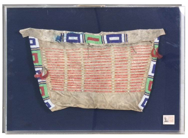 Sioux Leather Hide & Beaded Possible Bag: Sioux Leather Hide & Beaded Possible Bag, c.1890. Leather hide bag is decorated in colorful beaded designs; consignor purchased at Sotheby’s from the Andy Warhol Collection; framed and protected in 