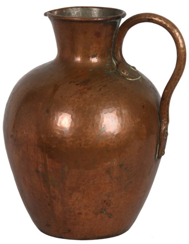 Dirk Van Erp Happered Copper Pitcher: Signed Dirk Van Erp Hammered Copper Pitcher. Hammered copper pitcher has bulbous form with an applied handle and pinched spout; signed on the bottom with the windmill mark having a closed box with fai