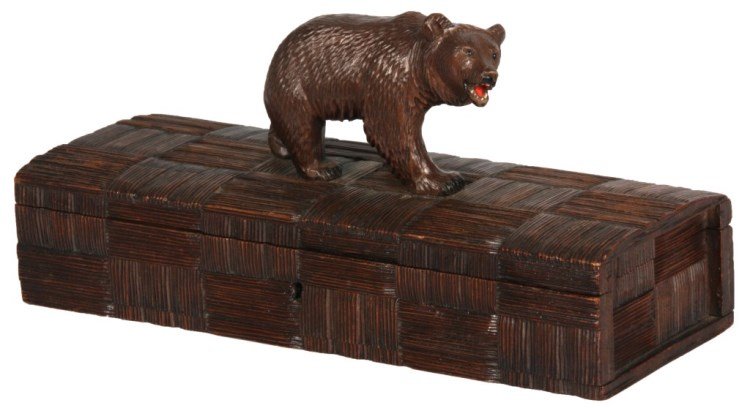 Figural Carved Black Forest Bear Box: Figural Carved Black Forest Bear Box. Has a burlap weave carved design allover with a hinged lid and standing figure of a bear at the top, the interior is padded and felt lined; has a good lock and no