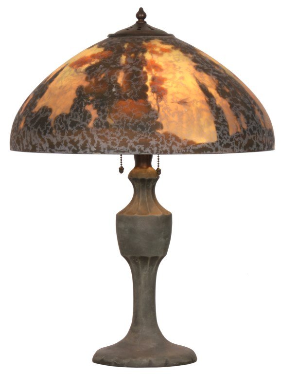 18 in. Handel Reverse Painted Table Lamp: 18 in. Handel Reverse Painted Table Lamp. Domical shade is reverse painted with tall trees and 2 storks on a green and orange background. On a singed Handel base with 3 socket spherical light cluster 