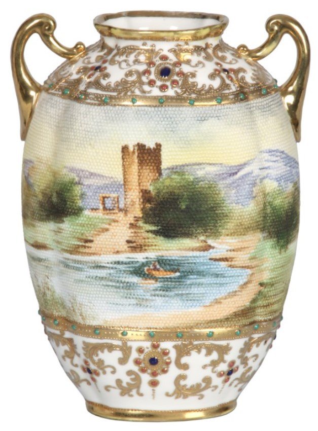 Nippon Jeweled Scenic Vase: Nippon Jeweled Scenic Decorated Vase. Has a lobed ovoid form with gilt handles on the shoulder, gilt enamel decorated borders at the top and bottom with colorful jeweled highlights and a paint decorat