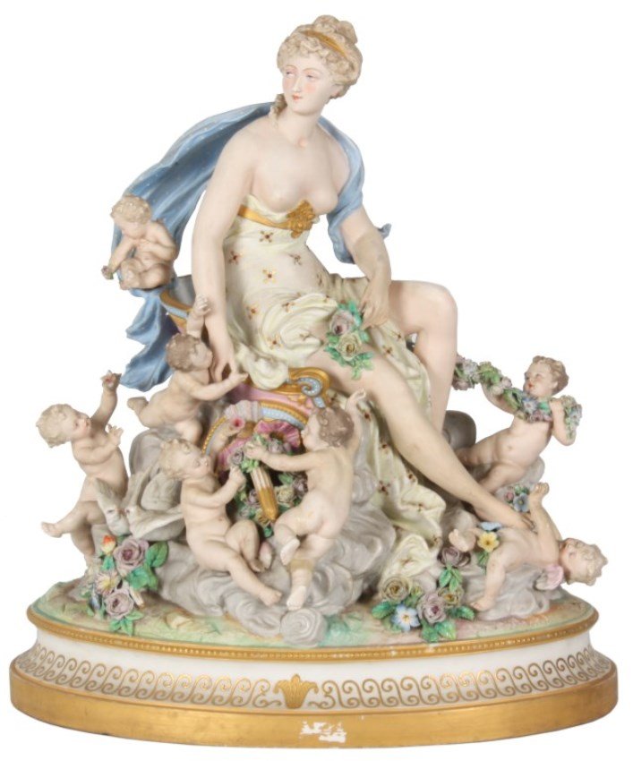 Lg. Vion & Baury Porcelain Figural Grouping: Lg. Vion & Baury Porcelain Figural Grouping - The Chariot of Venus. Large seated figure of the goddess Venus on a chariot, she wears a fancy enamel decorated garment with nude breast; the chariot is b