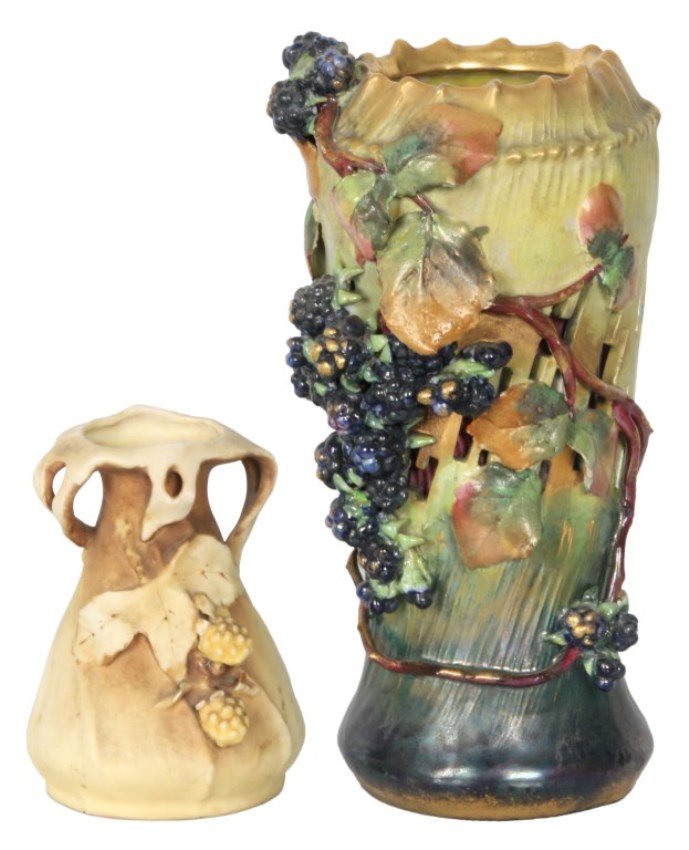 2 Pc. Austrian Blackberry Vases: 2 Pc. Austrian Blackberry Vases. Beautiful Amphora 2 layer vase with reticulated outer surface decorated with blackberry branches, leaves and berry clusters, in very good condition, signed on the bott