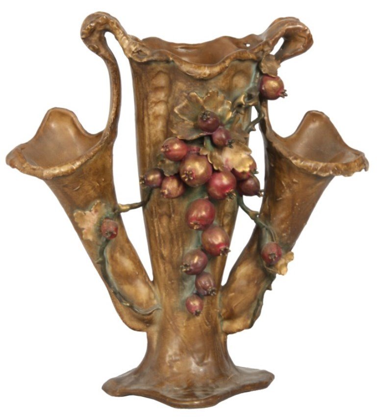 Amphora Triple Fluted Berry Vase: Amphora Triple Fluted Berry Vase. Trumpeted center vase with 2 branching flutes on the side, hanging from elegant handles, decorated with a berry cluster pattern with leaf and thorny vine design on a