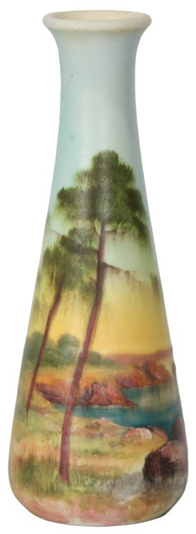 J. Massier French Scenic Pottery Vase: Jerome Massier French Scenic Pottery Vase. Has a teardrop form with a slightly flared mouth; hand decorated with a scenic landscape of a lake under a blue and yellow sky. Signed on the bottom with ini