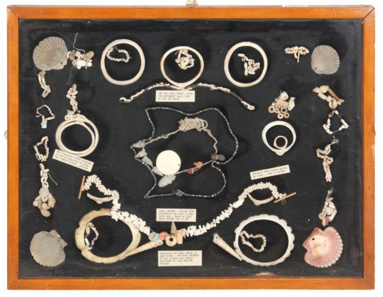 Native American Shell & Bead Artifacts: Native American Shell & Bead Artifacts. Framed collection of shell & jet artifacts with carved bracelets, beaded necklaces and other various objects. From Prehistoric Burial Sites, c. 1200-1400 A.D., 