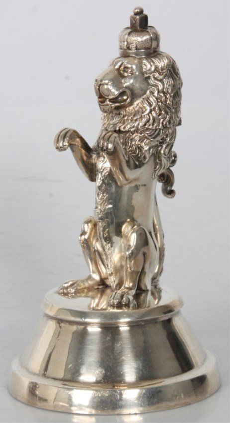 Mappin & Webb Figural Lion Inkwell: Mappin & Webb Figural Silver Plated Rampant Lion Inkwell. Figural of a lion seated on a conical plinth with his front paw up in front of him, wears a crown with Maltese cross decorated on the front. T