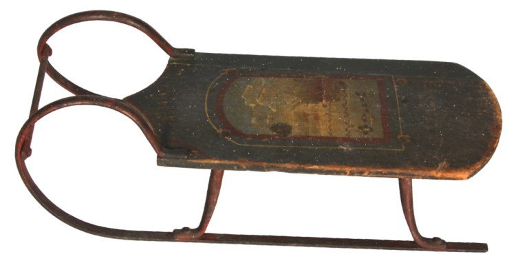 Salesmens Sample Sled: Salesmens Sample Sled. Wooden sled is paint decorated on the seat with a pond scene in a panel on a deep green background and has long metal runners with an arched nose. Sled is repaired with a replac