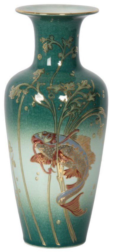 Zsolnay Hungarian Porcelain Fish Vase: Zsolnay Hungarian Porcelain Fish Vase. Baluster form with a long neck and flared rim, green background glaze and decorated with a single enameled koi fish on the front and back among a cluster of mari