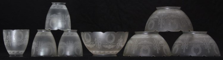 8 Wreath & Torch Decorated Shades: 8 Wreath & Torch Decorated Shades. 4 large shades and 4 matching small shades with scalloped rims, each is 2 tone silver etched decorated with ribbon, wreaths, garland & torches with a wavy border. Sh