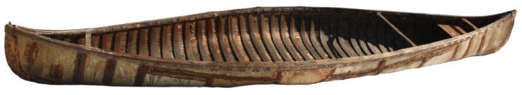 176 in. White Birch Bark Canoe: 176 in. White Birch Bark Canoe. Woven white birch bark side on long bent wood straps; has a single plank seat at the rear of the canoe. 14 ft. 8 in. long. From the Dakota collection.