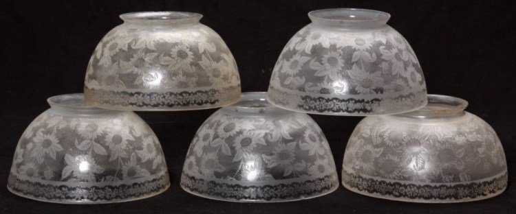 5 Domical Sunflower Shades: 5 Domical Sunflower Shades. Domical form with frosted and silver etched sunflower & filigree design on a speckled background, has a banded floral decorated rim. Shades are in good general condition wi