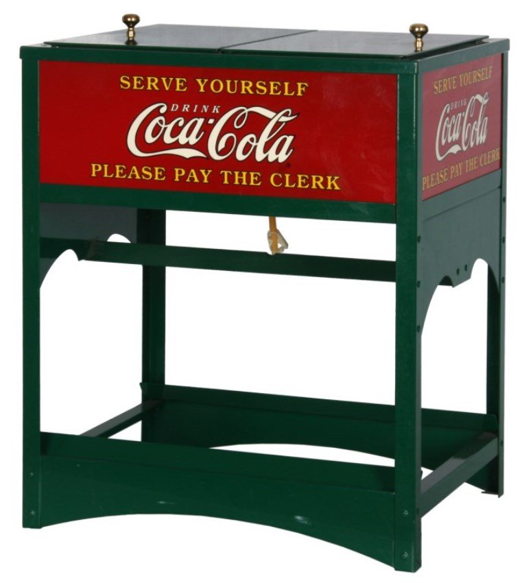 Miniature Glasscock Lift Top Coca-Cola Cooler: Miniature Glasscock Lift Top Coca-Cola Cooler. In mint restored condition the cooler has green painted lid and frame work with hinged lids on top having polished brass knobs and red painted signs on t