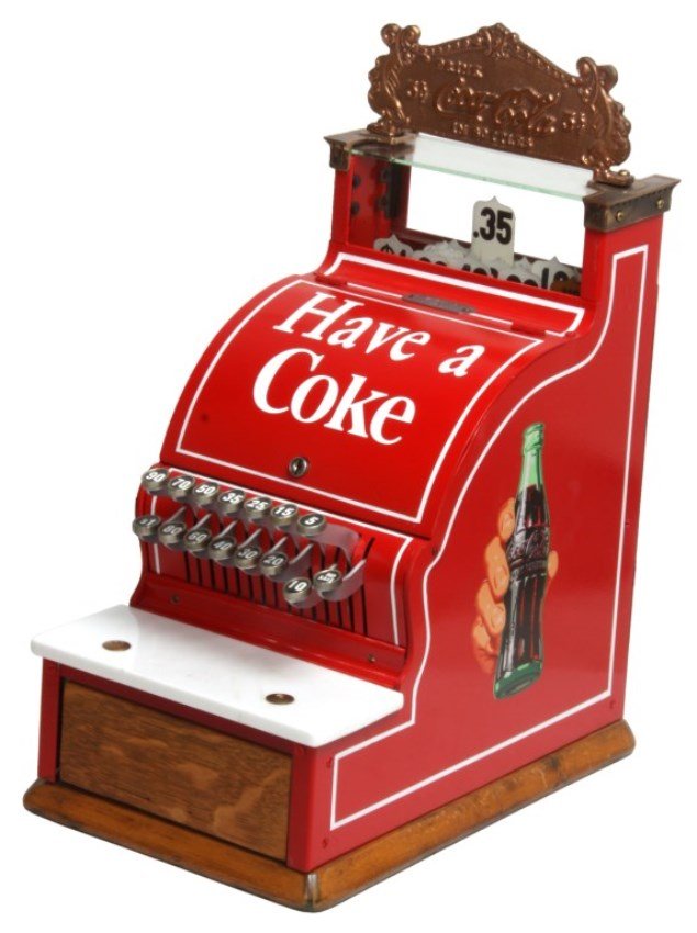 Coke National Cash Register M717: Coca-Cola Advertising National Cash Register Model 717. Beautiful countertop model is completely restored with bold red paint, white stenciling reads Have A Coke and has bottle-in-hand decals on the s