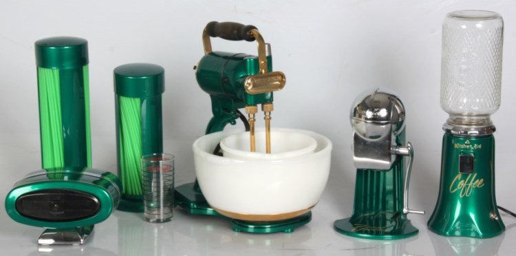 6 Pc. Retro Kitchen & Diner Appliances: 6 Pc. Retro Kitchen & Diner Appliances. Vintage deco appliances in metallic green paint with gold lettering and highlights. Sunbeam Mix Master Model K, has milk glass bowls and gold plated mounts and 