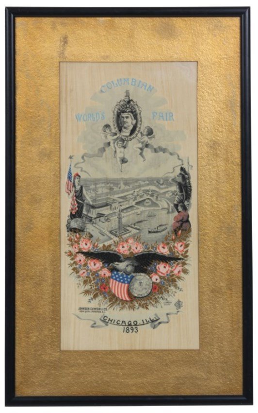 Lg. World’s Fair Silk Woven Ribbon: Lg. World’s Fair Silk Woven Ribbon. Columbian World’s Fair 1893, Chicago, Ill. Medallion portrait of Christopher Columbus raised by a group of 3 putti, displays an aerial view of the fairgrounds w
