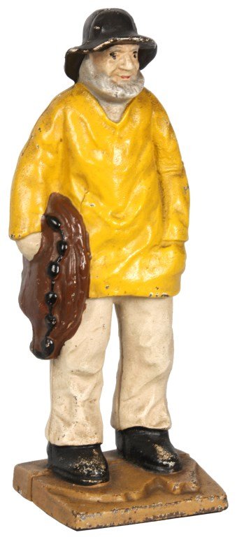 Old Salt Fisherman Cast Iron Doorstop: Old Salt Fisherman Cast Iron Doorstop. Standing figure of an old fisherman wearing a yellow rain coat, he holds a fishing net under his right arm. very nice original paint. 11.5 in. high.