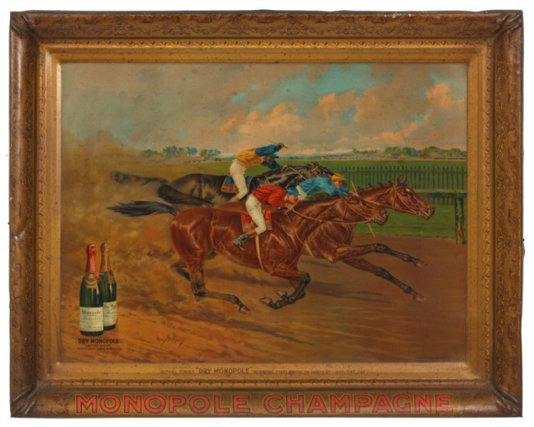 Self-Framed Tin Litho Champagne Advertisement: Self-Framed Tin Litho Monopole Champagne Advertising Sign, c. 1900-1910. Inset center panel with horse race scene originally painted by Henry Stull, for Dry Monopole Champagne; reads across the bottom