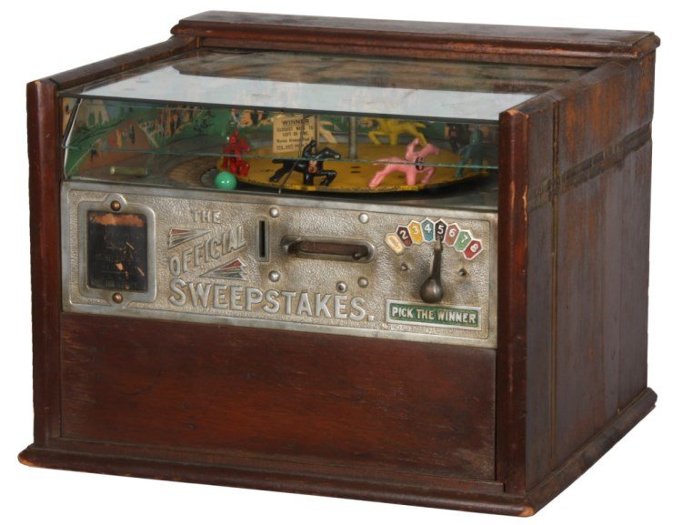Rock-Ola Mfg. Co. Official Sweepstakes Stimulator: Rock-Ola Mfg. Co. Official Sweepstakes Stimulator. Coin operated horse race game with roulette style wheel and rotating disk having numbered horse & jockey figures. Circa 1935, in working condition, r