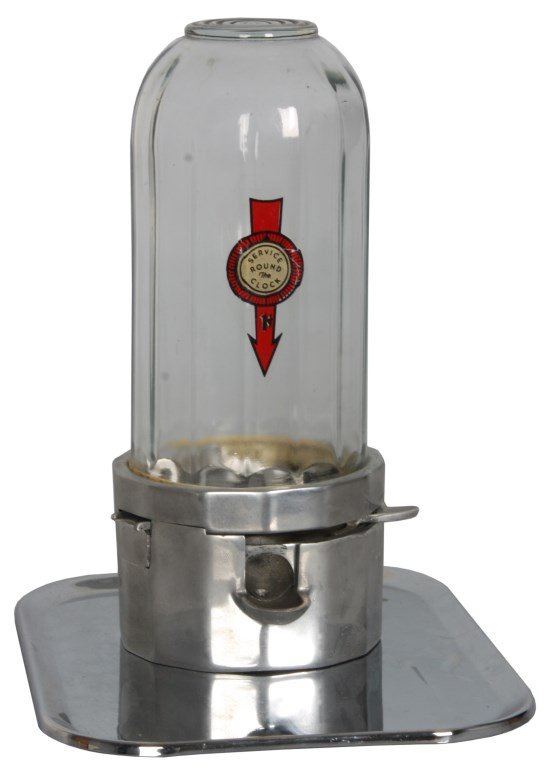 Atlas Midget 1 Cent Gum Ball Machine: Atlas Mfg. & Sales Co. "Atlas Midget" 1 Cent Coin Operated Tray Type Gum Ball Machine. Nickel plated aluminum with tray base and domical top jar; has decal on the reverse of the jar "Service Around Th