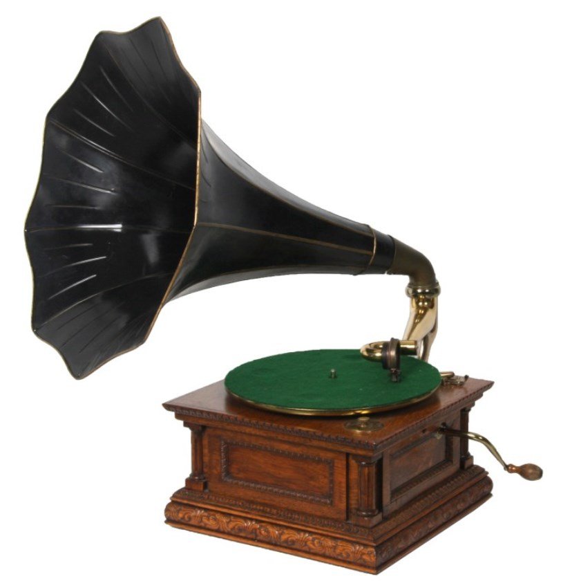 Oak Victor Monarch Special Phonograph: Oak Victor Monarch Special Phonograph. Oak case with fluted turned corner columns, inset panels and carved trim, 12 in. dia. turntable, rear mounted support arm and tone arm have a gilt polished finis