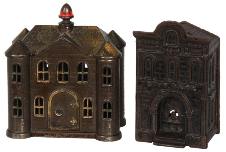 2 Victorian Cast Iron Building Still Banks: 2 Victorian Cast Iron Building Still Banks.The "Villa" bank by Kyser & Rex Co. resembles a castle with corner towers and acorn finial at the top; measures 5.5 in. high x 4.75 in. wide x 3 in. deep. Th