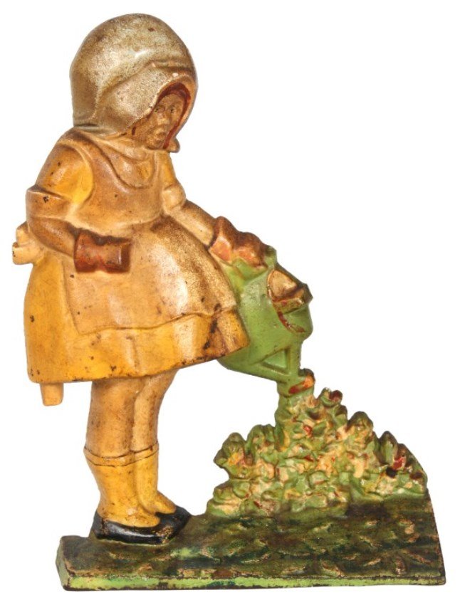 Mary Quite Contrary Cast Iron Doorstop: Mary Quite Contrary Cast Iron Doorstop, by Littco Products c. 1930's. Standing figure of a woman watering her garden, has excellent original paint; partial paper label on the reverse. 12.5 in. high.