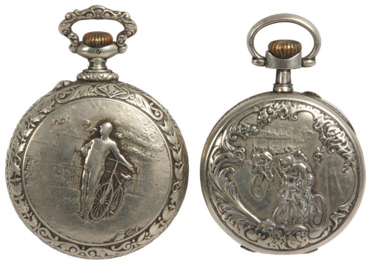 2 Bicycle Related Pocket Watches: 2 Bicycle Related Pocket Watches, c.1890-1900. Metal open faced case with a worn silver & pewter toned finish, reverse of the case has a relief scene of a man standing beside a bicycle; 40mm porcelain
