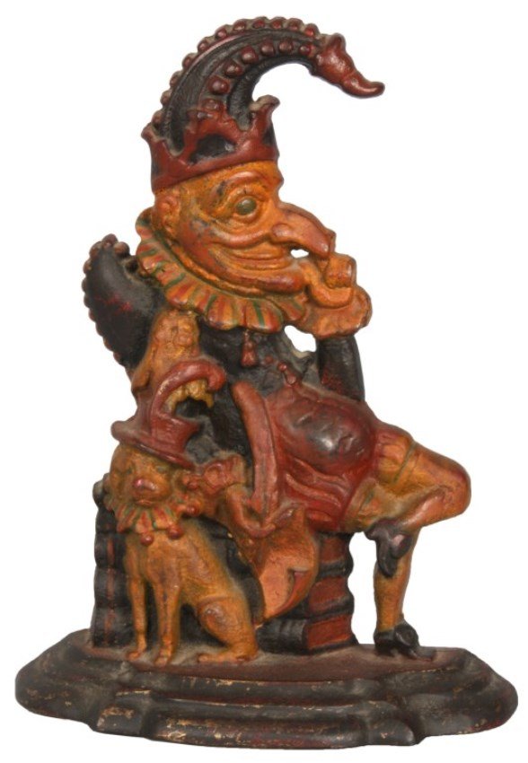 Painted Cast Brass Punch Doorstop: Painted Cast Brass Punch Doorstop, c.1910. Seated Punch figure facing right with a small dog seated beside him; has a colorful original painted finish in very good condition. 12 in. high.